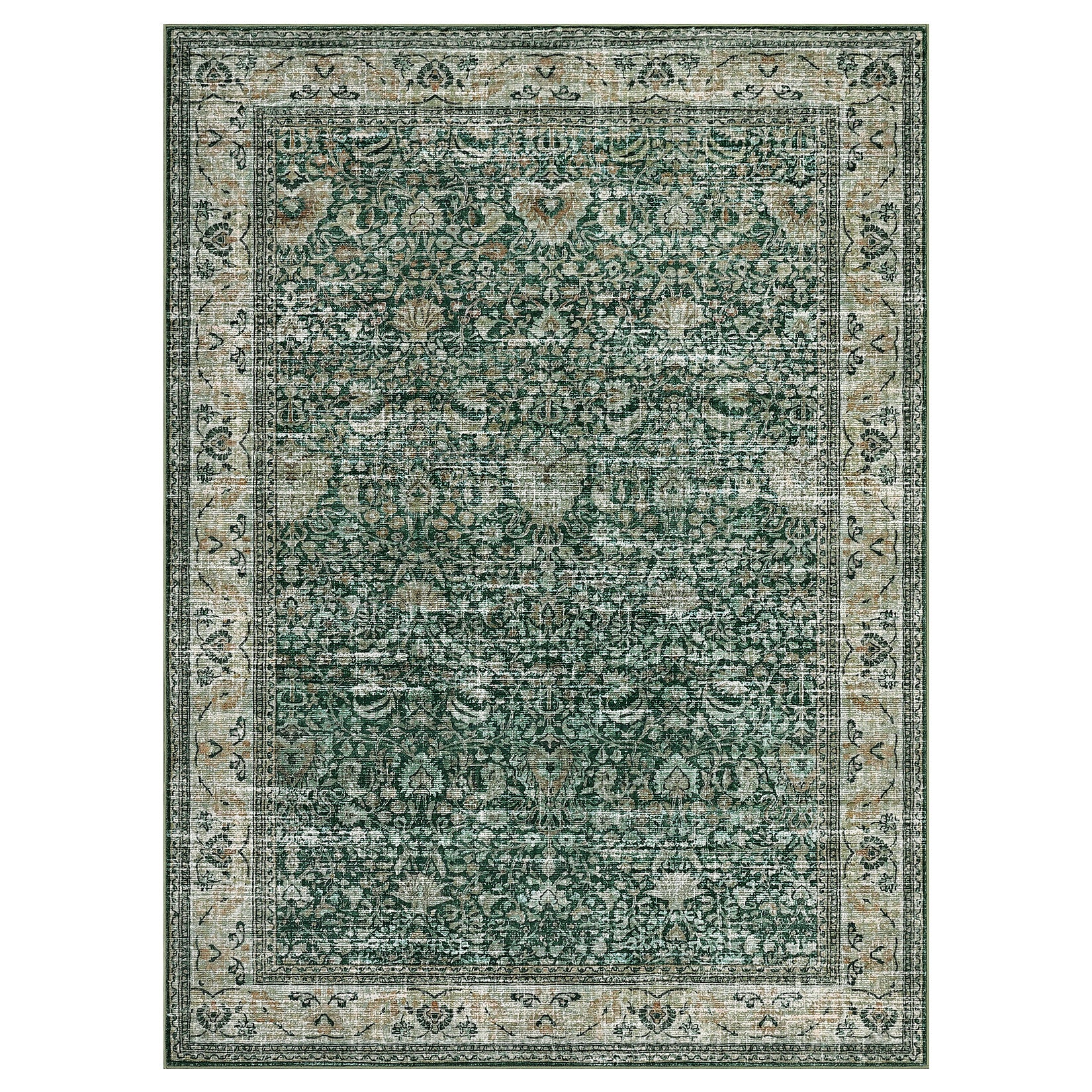 Garvee Washable Area Rugs, Green 5'X7' Antique Distressed Large Rug for Living Room, Modern Non Slip Stain Resistant Vintage Print Accent Carpet Floor Mat for Bedroom Dining Office Farmhouse