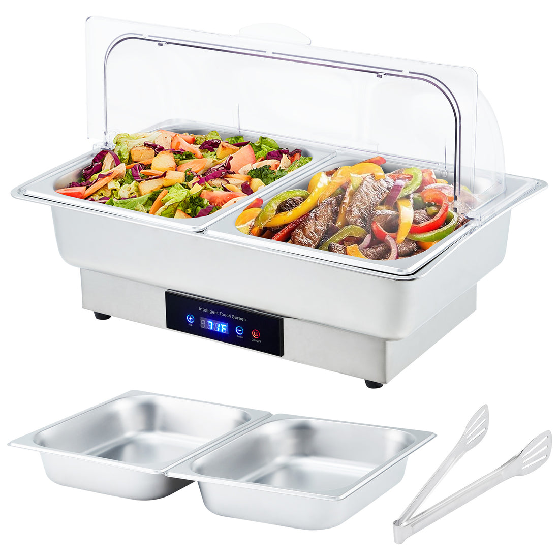Garvee Electric Chafing Dish Buffet Set, 9 QT Stainless Steel Food Warmer with Temperature Control & Transparent Roll Top Lid, Catering Server for Parties, Banquets, Buffets, Keeping Food Warm & Fresh