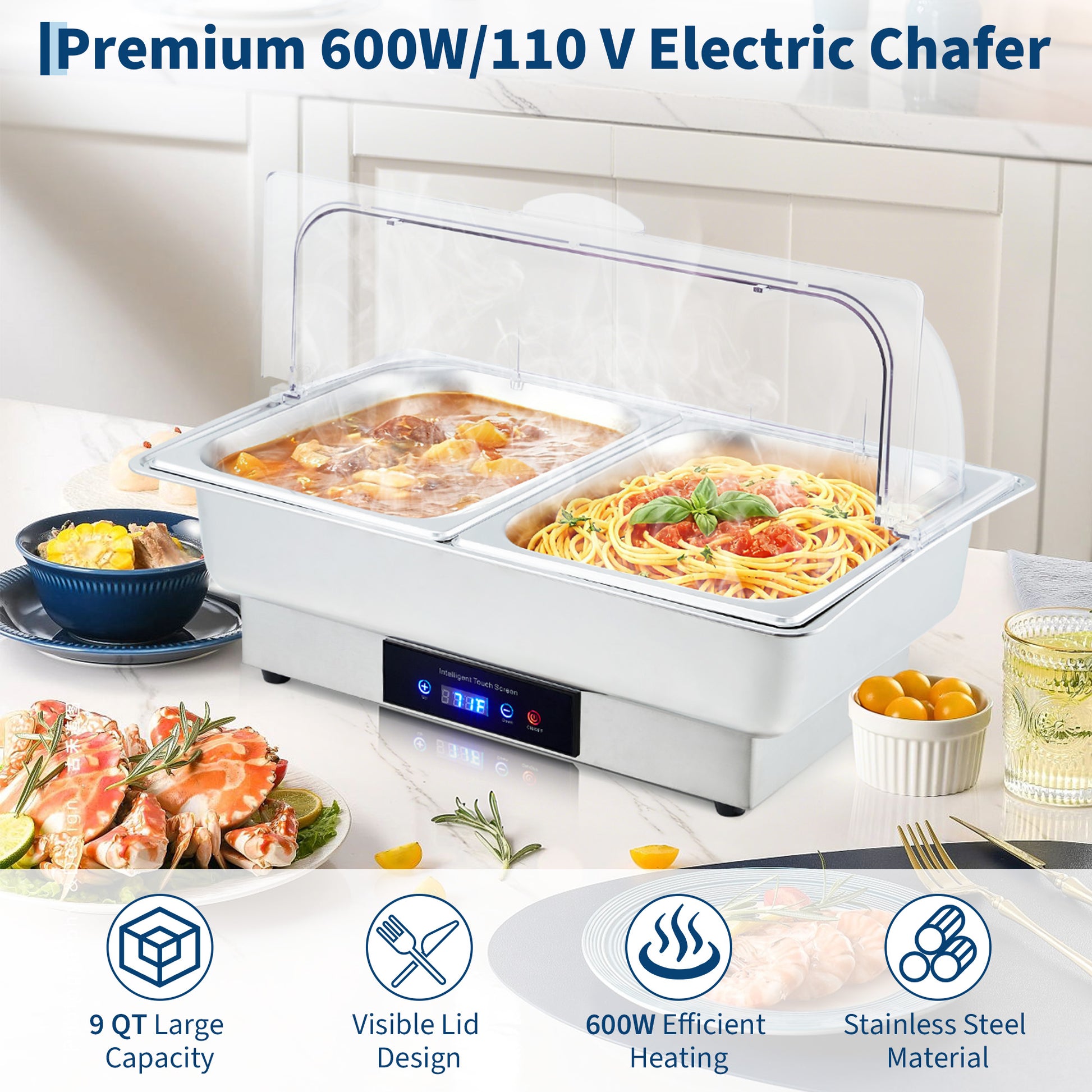 Garvee Electric Chafing Dish Buffet Set, 9 QT Stainless Steel Food Warmer with Temperature Control & Transparent Roll Top Lid, Catering Server for Parties, Banquets, Buffets, Keeping Food Warm & Fresh