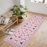 Garvee 2' x 8' Pink Botanical Insect Runner Rug, Washable Non-Slip Ultra-Thin Rug for Hallway, Kitchen & Entryway - Pink