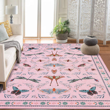 Garvee 5' x 7' Pink Botanical Butterfly Area Rug, Washable Non-Slip Ultra-Thin Soft Rug for Living Room, Bedroom & Nursery