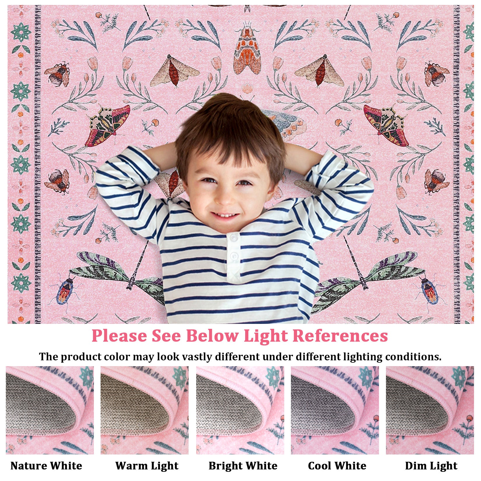 Garvee 5' x 7' Pink Botanical Butterfly Area Rug, Washable Non-Slip Ultra-Thin Soft Rug for Living Room, Bedroom & Nursery