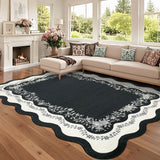 Garvee Scalloped Rugs for Living Room 10x13 Floral Washable Area Rugs, Non Slip Low Pile Soft Carpet, Large Stain Resistant Foldable Indoor Floor Mats for Playroom, Nursery, Black - Black-Style2