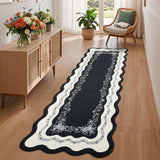 Garvee Scalloped Runner Rug 2x6 Washable Area Rugs for Entryway, Non Slip Low Pile Floral Kitchen Runner, Stain Resistant Foldable Bath Mat, Indoor Floor Carpet for Bedroom, Hallway, Black - Black-Style2