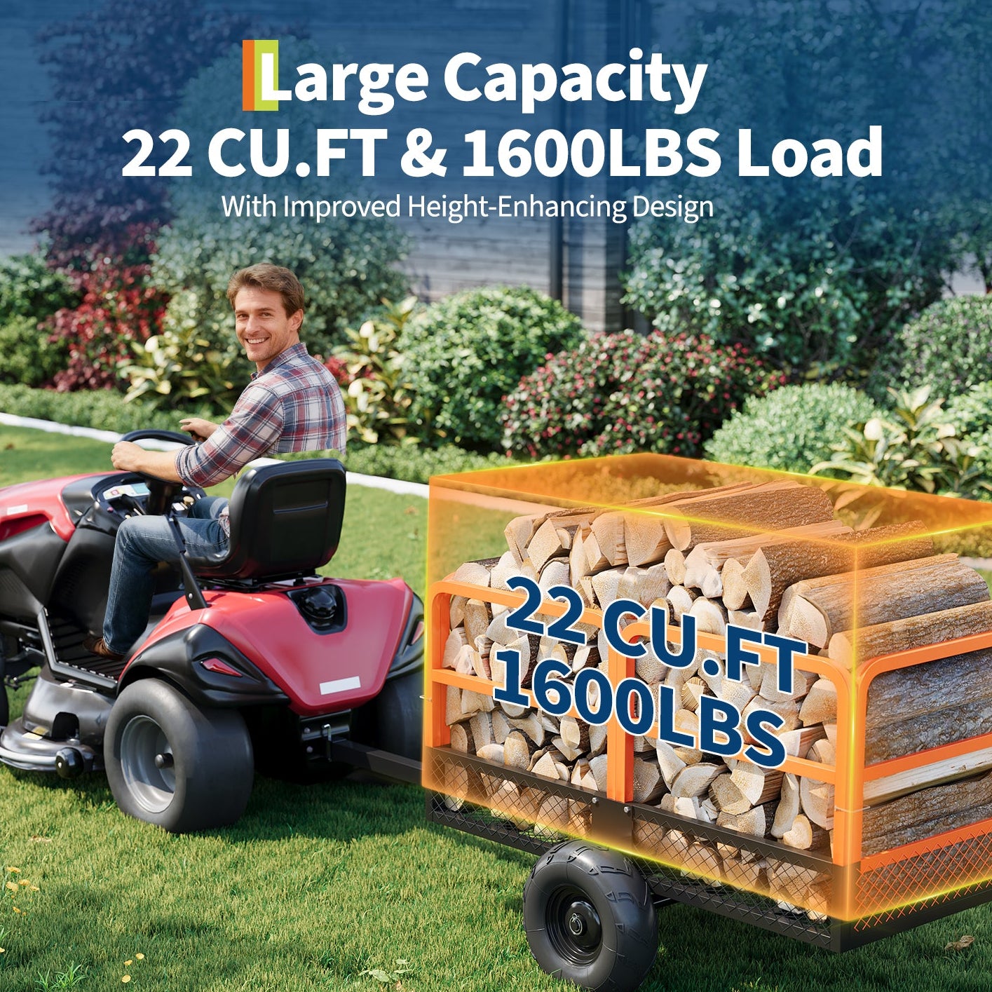 Garvee Heavy Duty Steel Garden Dump Cart - 1600 lbs Capacity Utility Trailer - 22 Cu.Ft. with Removable Sides - Tow Behind for ATV, UTV, Lawn Mower or Tractor - Ideal Yard Hauler, Orange+Black