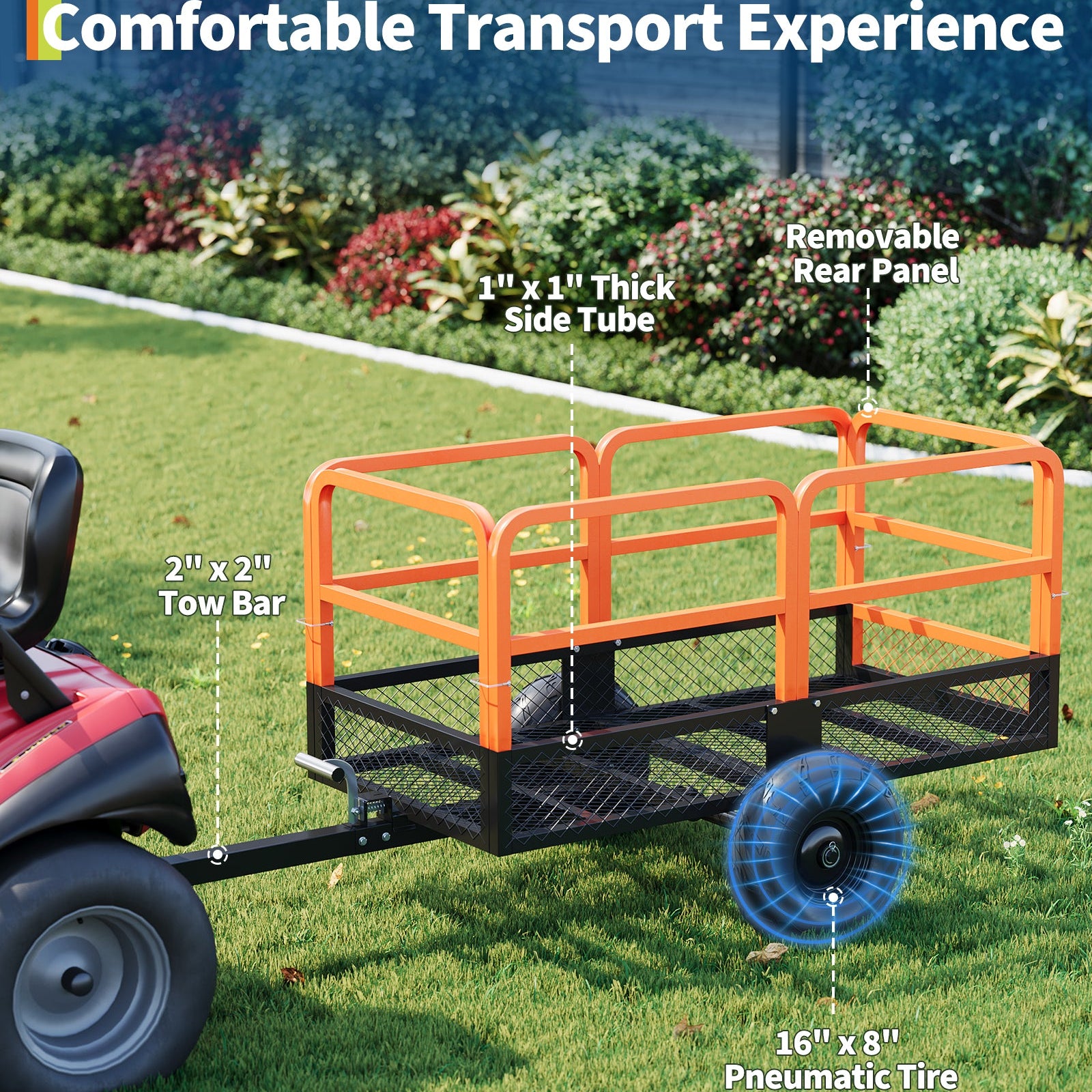 Garvee Heavy Duty Steel Garden Dump Cart - 1600 lbs Capacity Utility Trailer - 22 Cu.Ft. with Removable Sides - Tow Behind for ATV, UTV, Lawn Mower or Tractor - Ideal Yard Hauler, Orange+Black