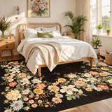 Garvee Washable Rug 5x7 Vintage Botanical Floral Rug for Living Room, Soft Indoor Carpet with Non Slip TPR Backing, Low Pile Thin Floor Covering, Foldable Non Shedding Mats for Bedroom, Black - Black