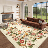 Garvee Rugs for Living Room 5x7, Washable Floral Area Rug, Non Slip Soft Low Pile Carpet for Bedroom Kitchen Dorm Room, Beige - Beige