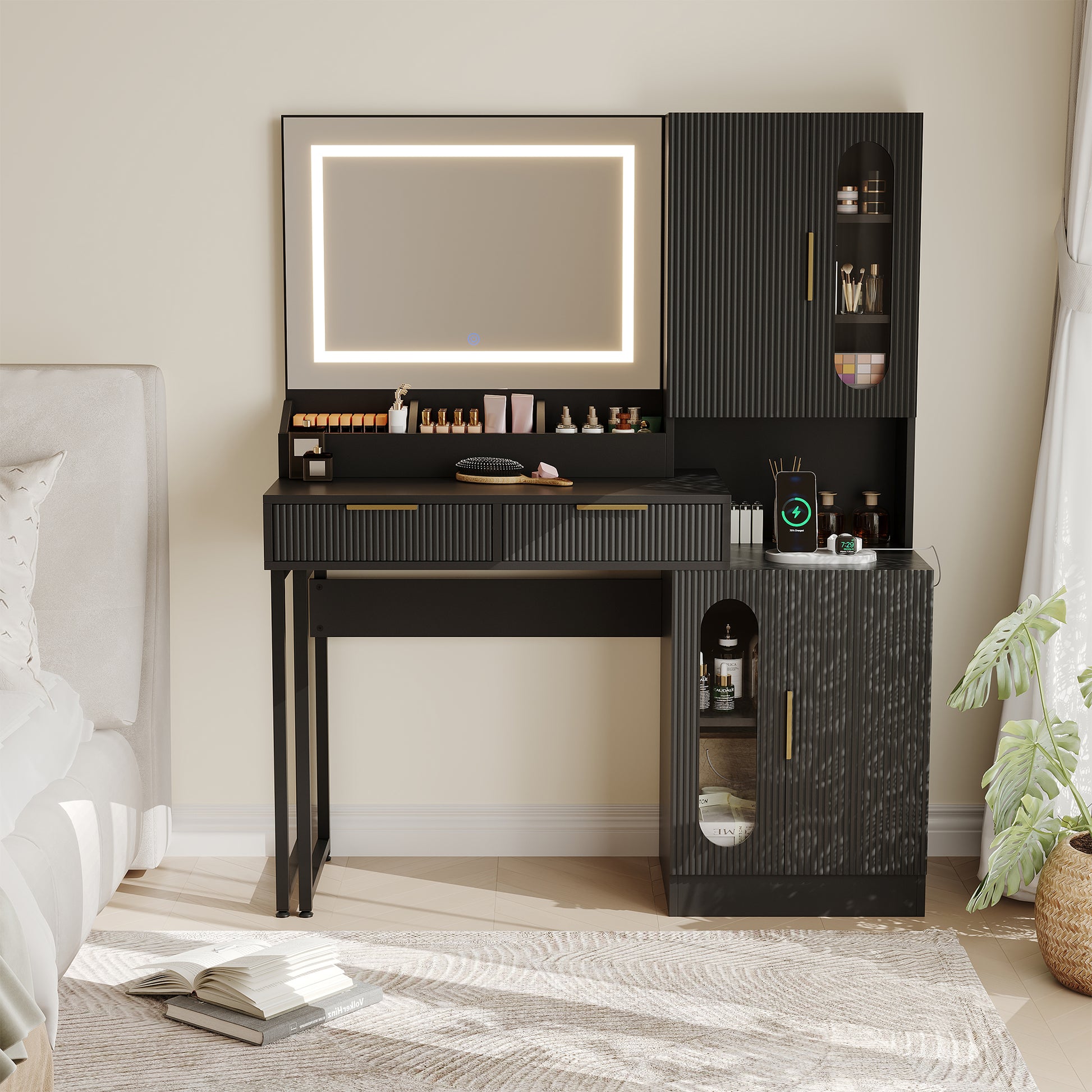 modern dressing table black Black Makeup Vanities for Sleek Beauty Spaces