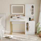 Garvee Modern White Fluted Vanity Desk with LED Mirror, Charging Station, 2 Drawers & 2 Cabinets, Large Wooden Makeup Table for Bedroom or Dorm, White - White