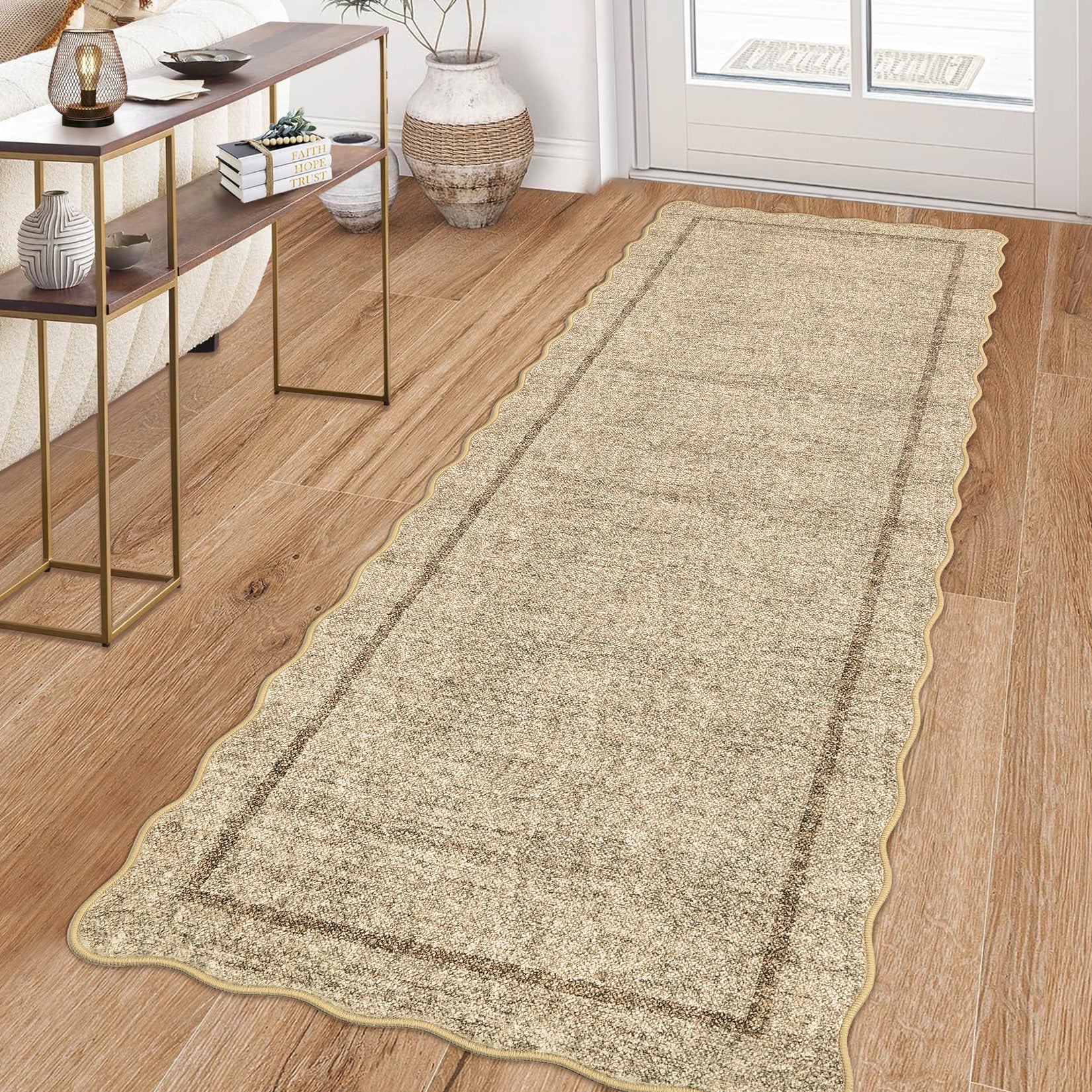Garvee 2' × 6' Modern Scalloped Border Runner Rug, Machine Washable Non-Slip Low-Pile Rug for Hallway, Kitchen & Entryway, Black And White