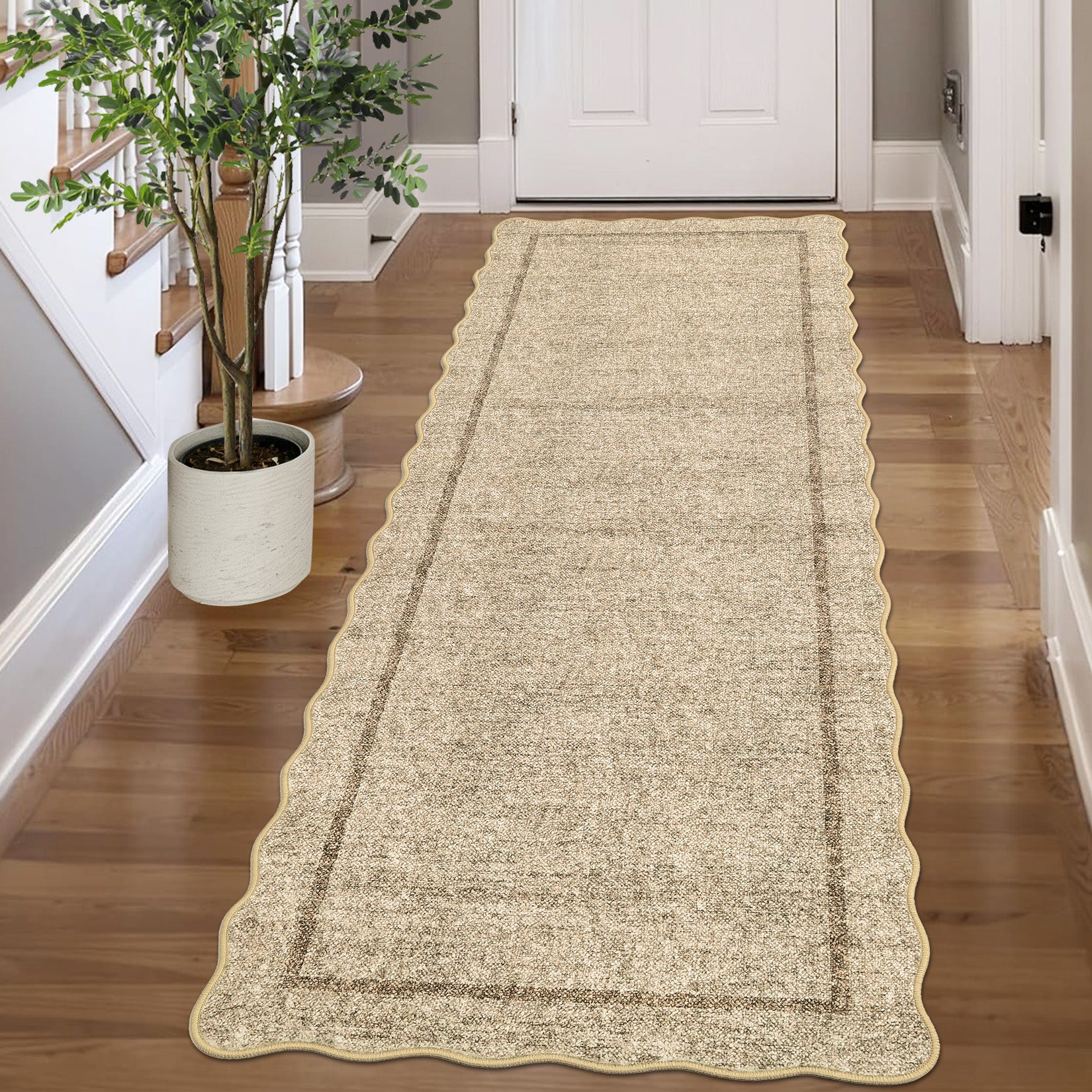 Garvee 2' × 6' Modern Scalloped Border Runner Rug, Machine Washable Non-Slip Low-Pile Rug for Hallway, Kitchen & Entryway, Black And White