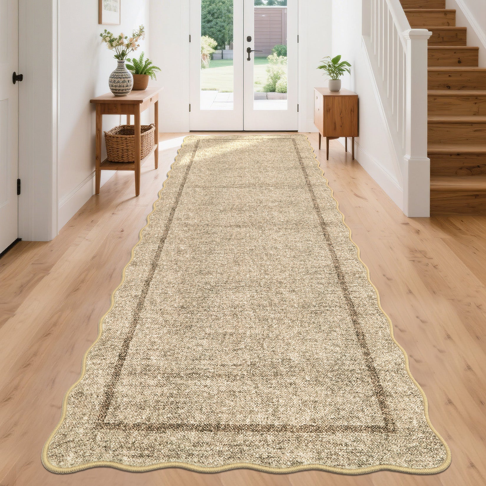 Garvee 2' × 6' Modern Scalloped Border Runner Rug, Machine Washable Non-Slip Low-Pile Rug for Hallway, Kitchen & Entryway, Black And White