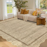 Garvee Scalloped Rug 5x7 Washable Rug for Living Room, Soft Thin Neutral Carpet Non Slip, Low Pile Non Shedding Floor Covering, Indoor Foldable  Printed Mat for Bedroom Nursery, Camel - Jute