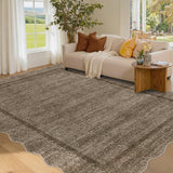 Garvee Scalloped Rug 5x7 Washable Rug for Living Room, Soft Thin Neutral Carpet Non Slip, Low Pile Non Shedding Floor Covering, Indoor Foldable  Printed Mat for Bedroom Nursery, Dark Brown - Dark Brown