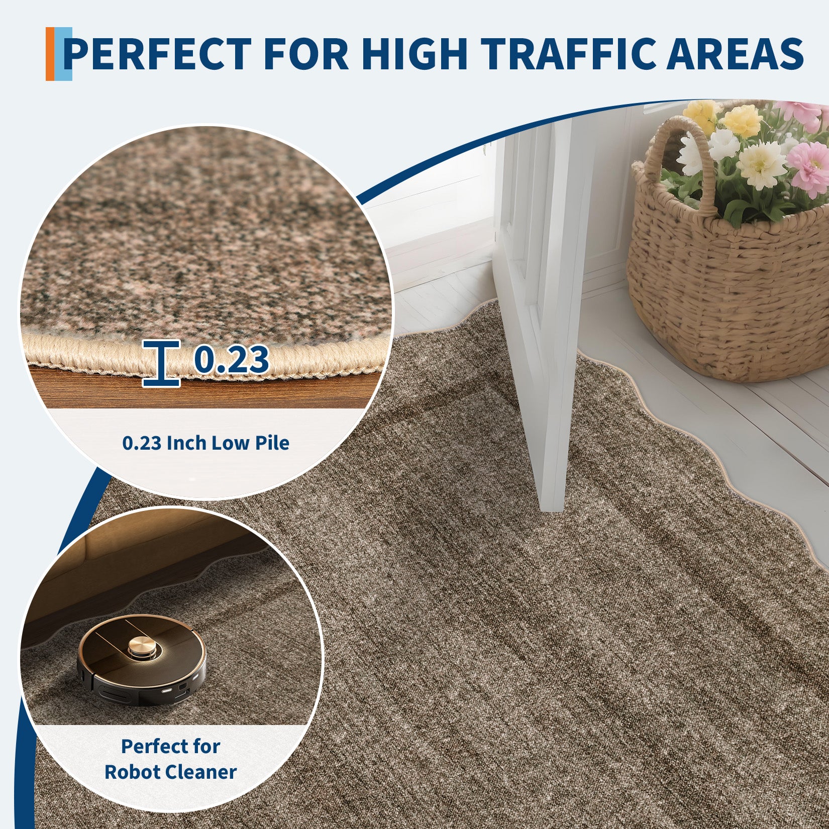 Garvee Scalloped Rug 5x7 Washable Rug for Living Room, Soft Thin Neutral Carpet Non Slip, Low Pile Non Shedding Floor Covering, Indoor Foldable  Printed Mat for Bedroom Nursery, Dark Brown