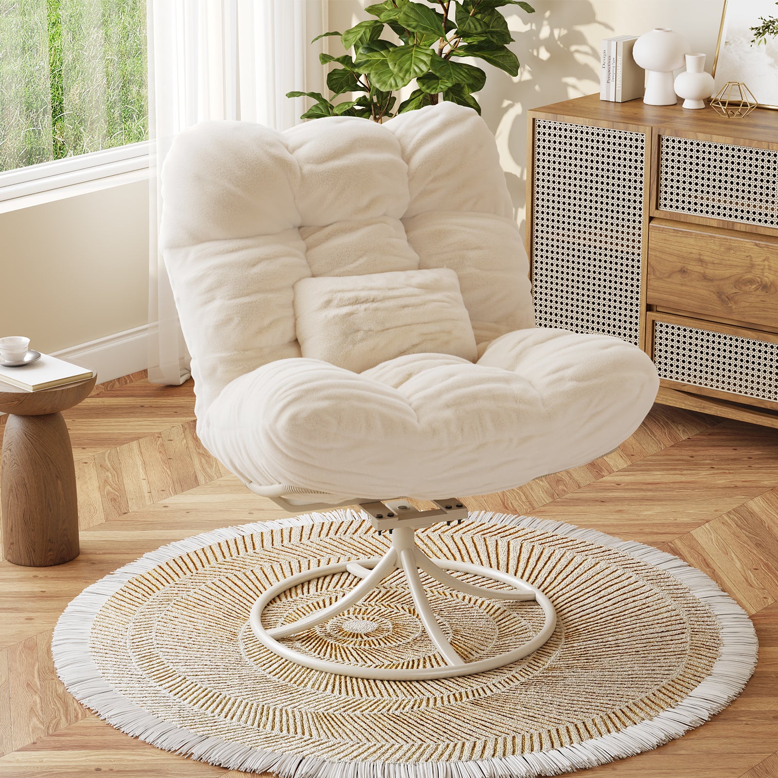 Garvee Oversize 360° Swivel Plush Lounge Chair with Metal Rocking Base, Winter Rattan Rocking Papasan Chair with 6.3" Comfy Deep Seat Thick Cushion for Indoor/Outdoor, Beige