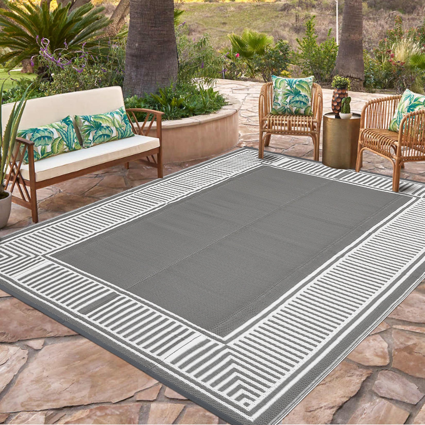 Garvee Reversible Waterproof Outdoor Rug Gray 9x12ft – Modern Grey & White Plastic Straw Mat – Mark & UV Resistant, Collapsible & Easy to Clean – Ideal for Patio, Deck, Camping, Porch