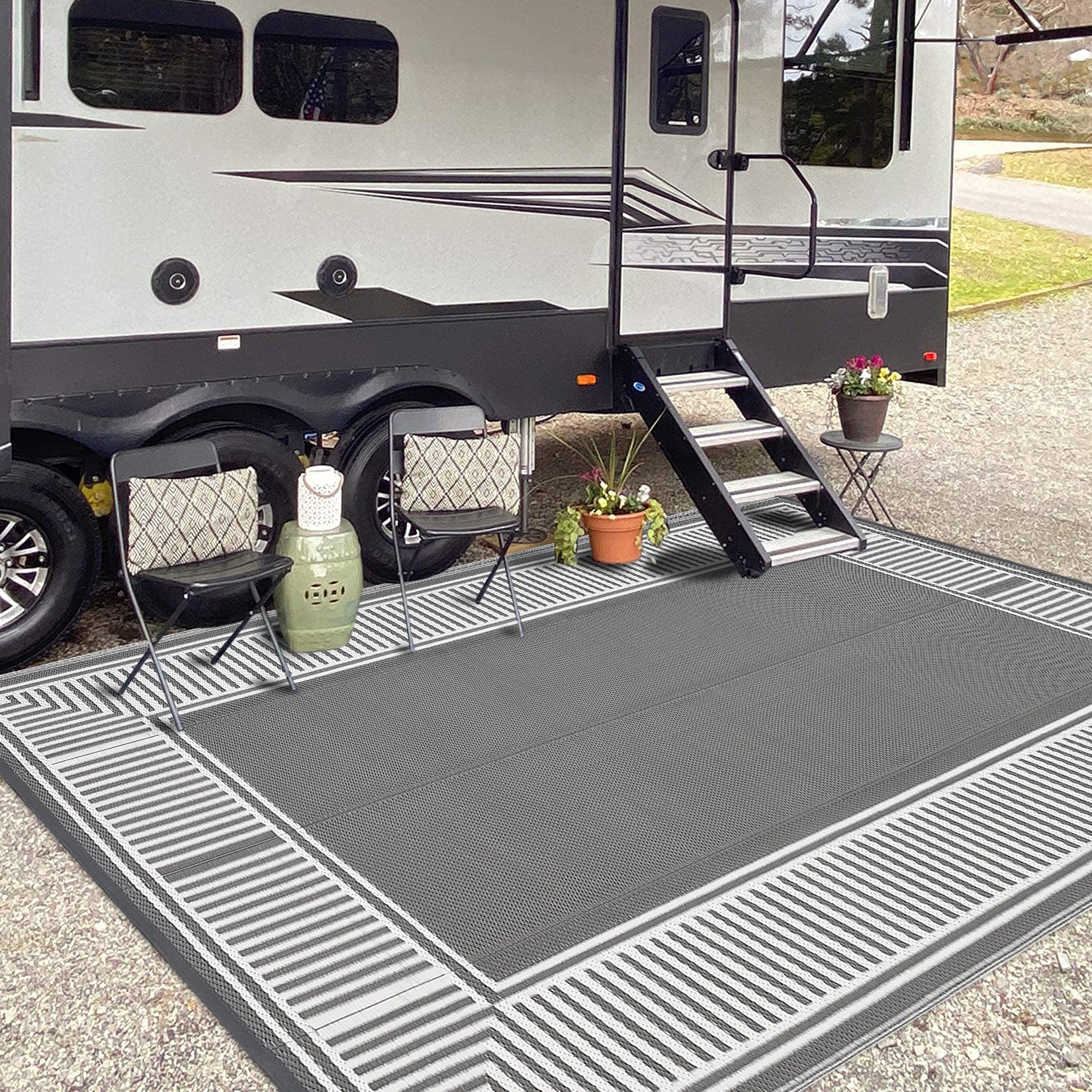 Garvee Waterproof Reversible Outdoor Rug 8x10ft – Large Plastic Straw Mat, UV Resistant, Easy to Clean, Collapsible – Ideal for Patio, Backyard, Deck, Camping, RV, Beach – Gray and White