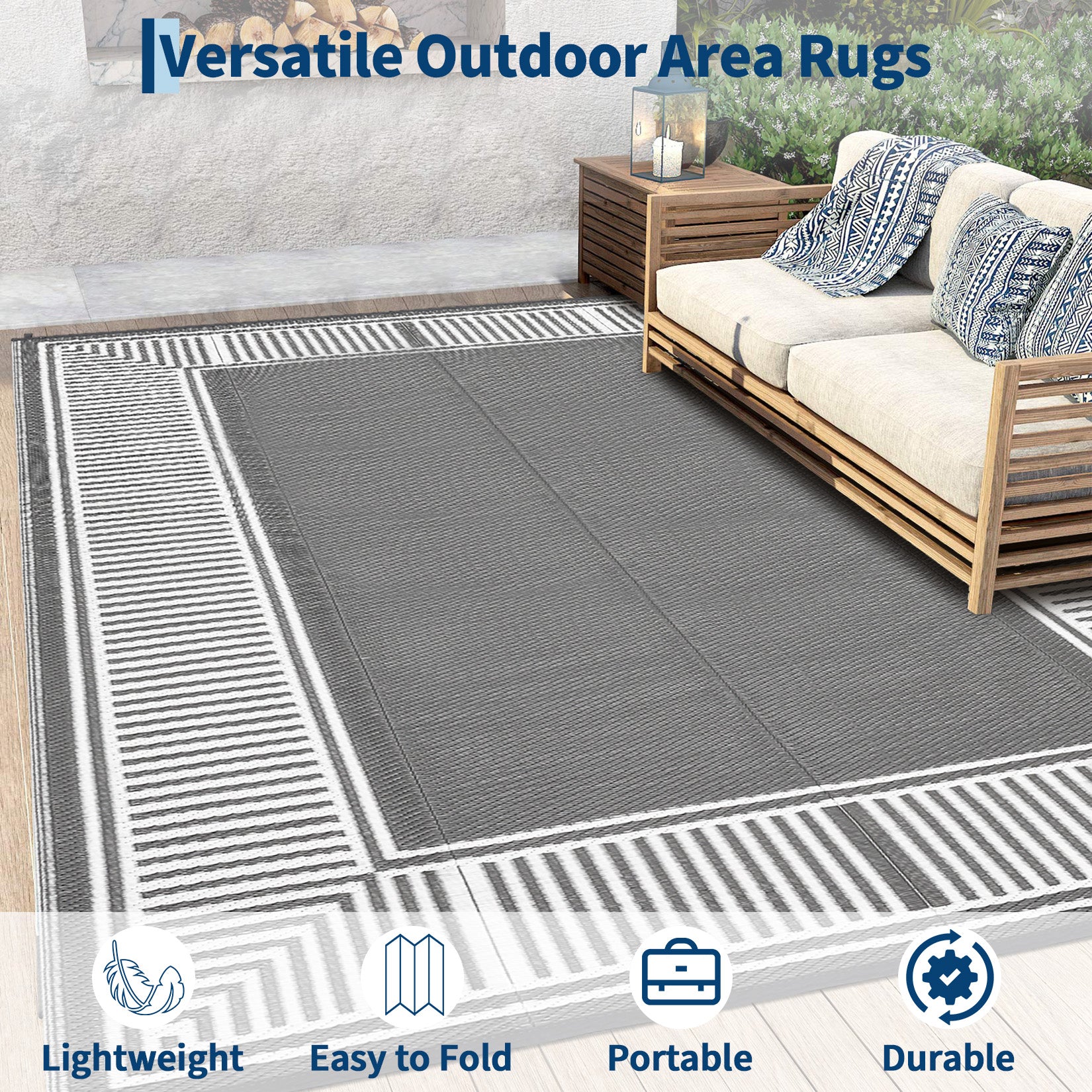 Garvee Waterproof Reversible Outdoor Rug 8x10ft – Large Plastic Straw Mat, UV Resistant, Easy to Clean, Collapsible – Ideal for Patio, Backyard, Deck, Camping, RV, Beach – Gray and White