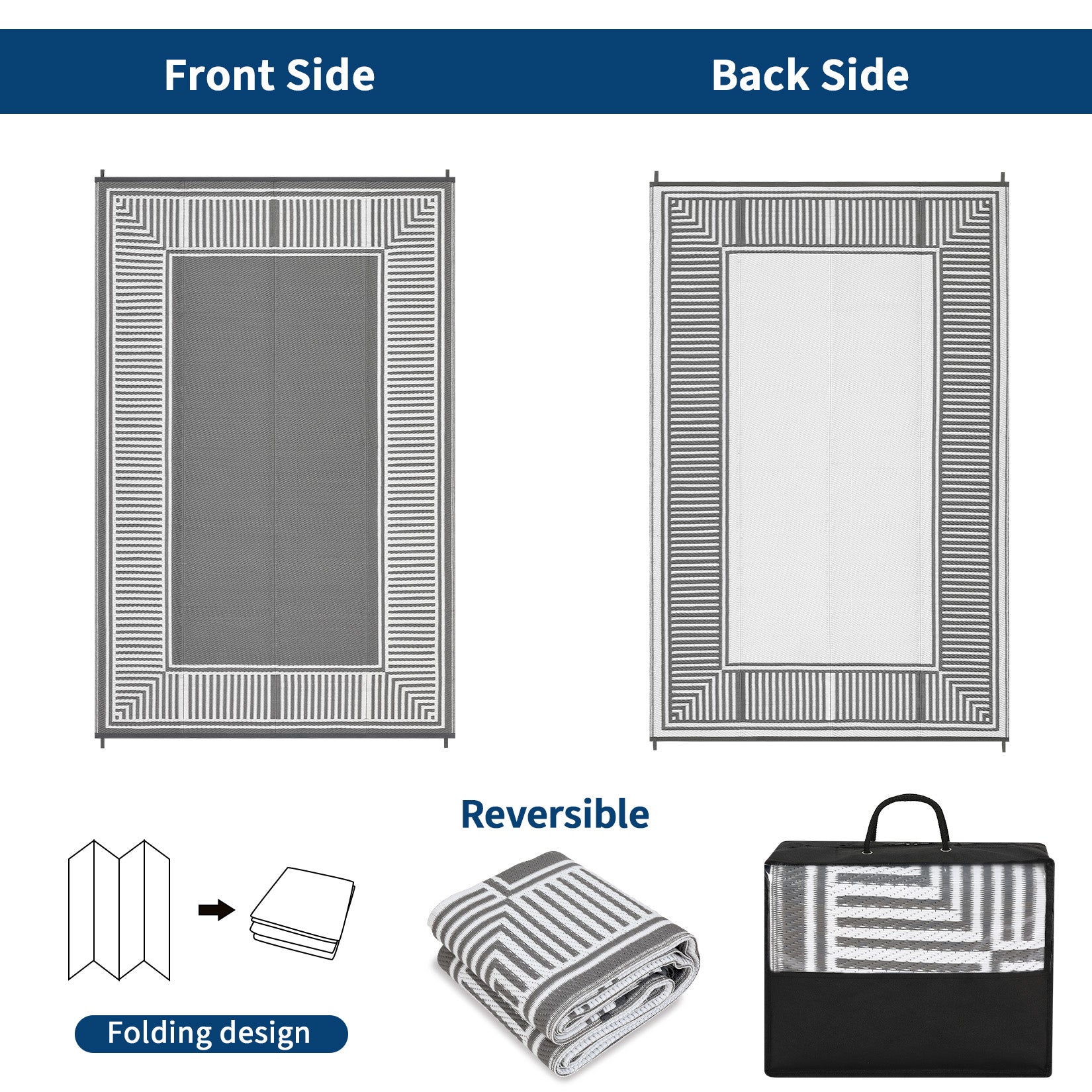 Garvee Reversible Waterproof Outdoor Rug - Grey & White Plastic Straw Mat for Patio, Deck, Garden, RV, Balcony - Modern Striped Geometric Design, Easy to Clean, Collapsible, Washable, 10x14ft