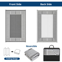 Garvee Reversible Waterproof Outdoor Rug - Grey & White Plastic Straw Mat for Patio, Deck, Garden, RV, Balcony - Modern Striped Geometric Design, Easy to Clean, Collapsible, Washable, 10x14ft