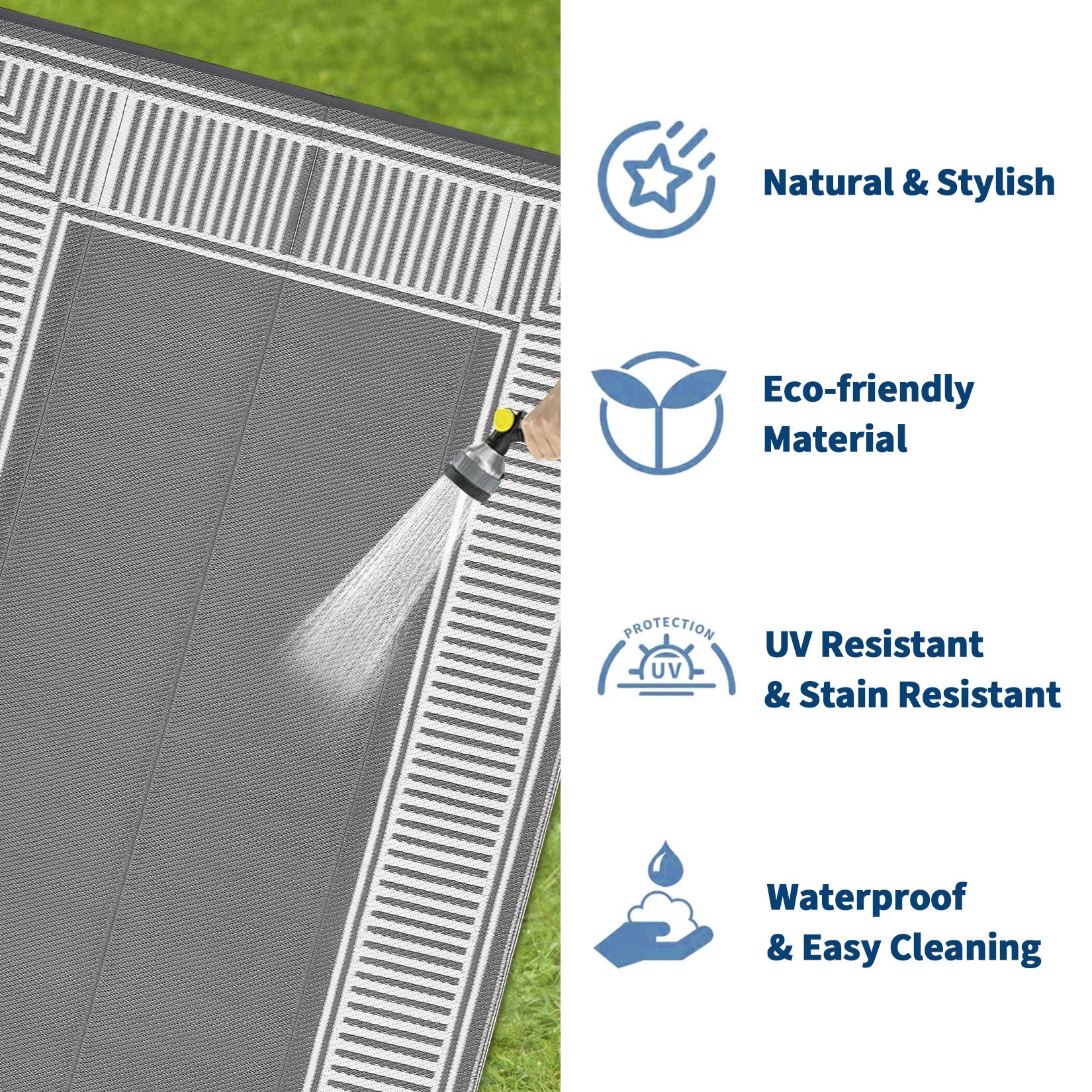 Garvee Reversible Waterproof Outdoor Rug 9x18ft - Modern Grey & White Plastic Straw Mat - UV Resistant, Easy Clean, Collapsible - Patio, Garden, RV, Camping, Porch, Deck