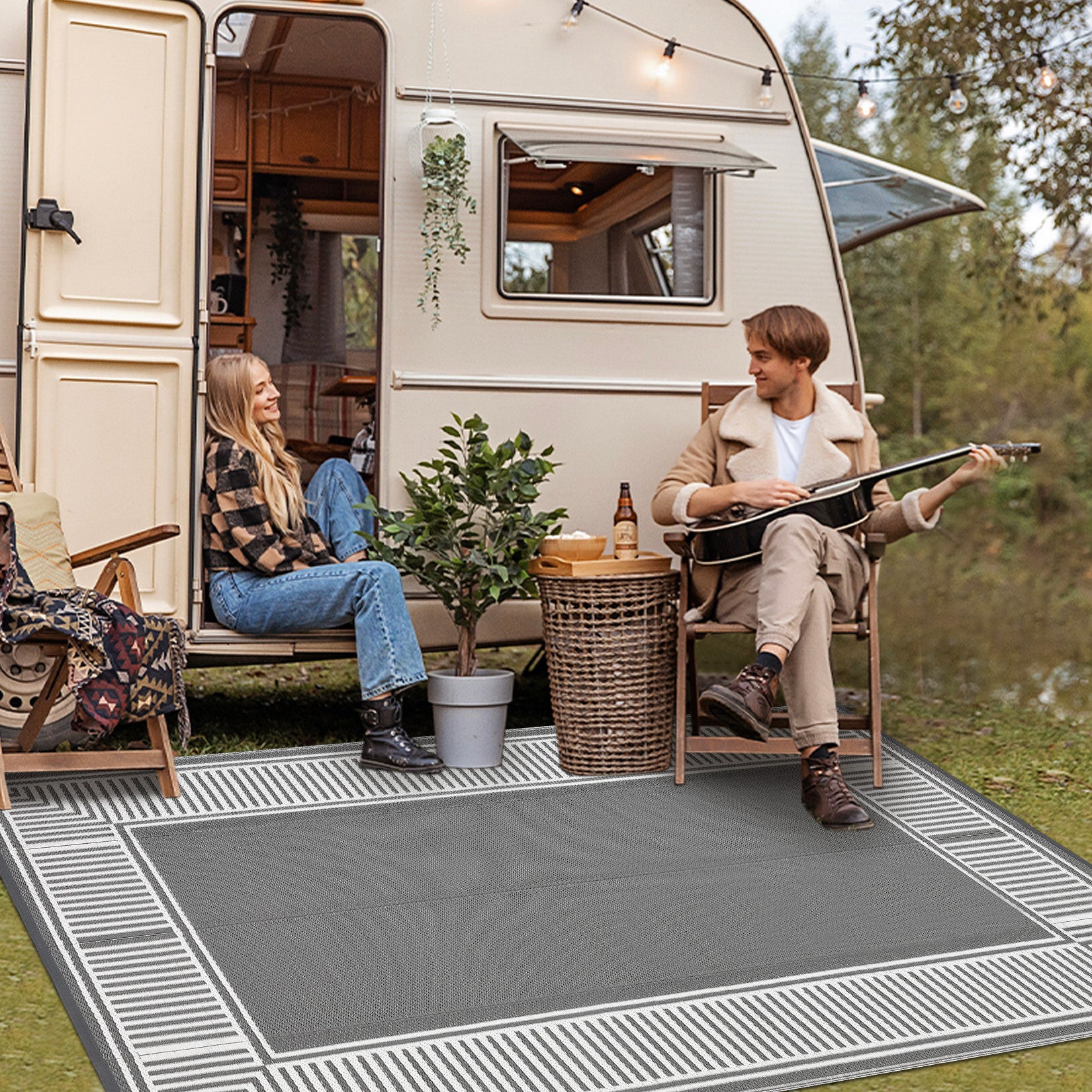 Garvee Reversible Waterproof Outdoor Rug Gray 9x12ft – Modern Grey & White Plastic Straw Mat – Mark & UV Resistant, Collapsible & Easy to Clean – Ideal for Patio, Deck, Camping, Porch