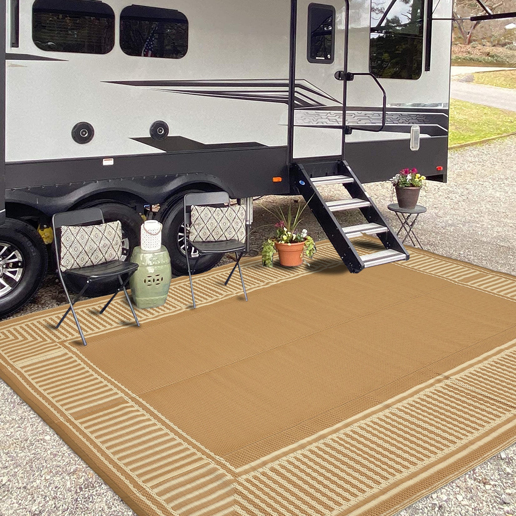 Garvee Waterproof Reversible Outdoor Rug 8x10ft – Modern Brown Plastic Straw Carpet, UV Resistant, Easy to Clean, Collapsible, Ideal for Patio, Garden, Deck, RV, Balcony