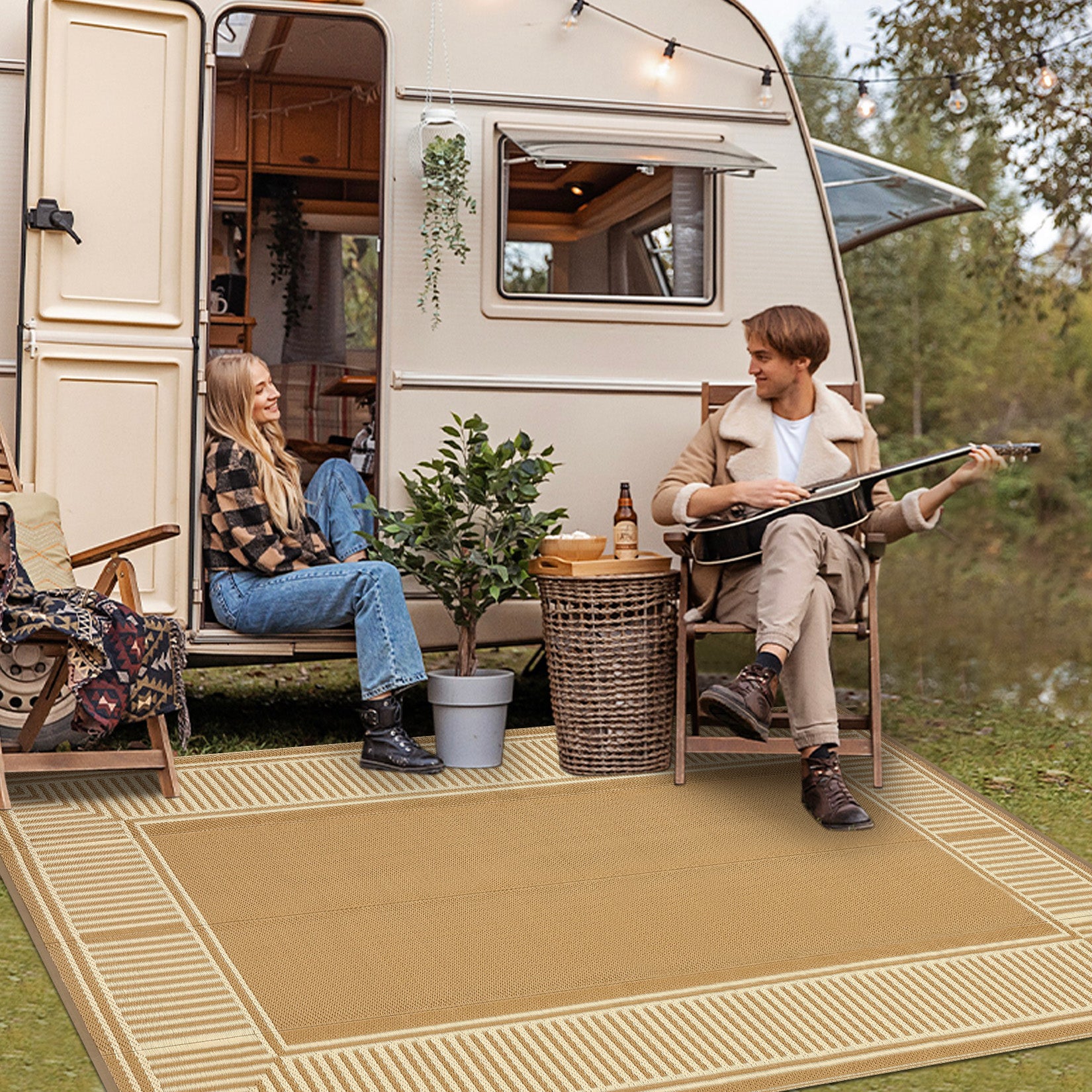 Garvee Brown Coffee Outdoor Area Rug 10x14ft – Modern Striped Bordered Plastic Mat, Waterproof, UV Resistant, Easy Clean, Durable Washable Carpet for Garden, Backyard, Patio, Camping