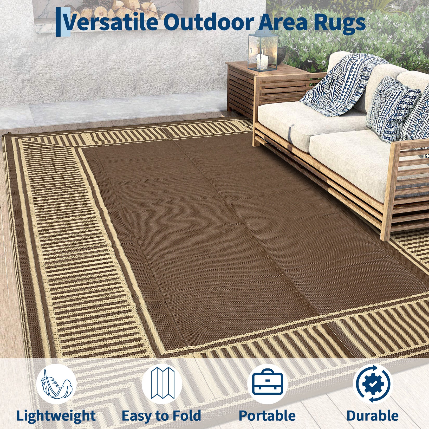 Garvee Weatherproof Outdoor Area Rug – 10x14ft Modern Striped Edge Plastic Mat – Easy Clean, Non-Slip, Sturdy Brown Coffee Carpet – Patio, Garden, Deck, Picnic