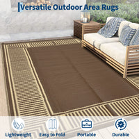 Garvee Weatherproof Outdoor Area Rug – 10x14ft Modern Striped Edge Plastic Mat – Easy Clean, Non-Slip, Sturdy Brown Coffee Carpet – Patio, Garden, Deck, Picnic