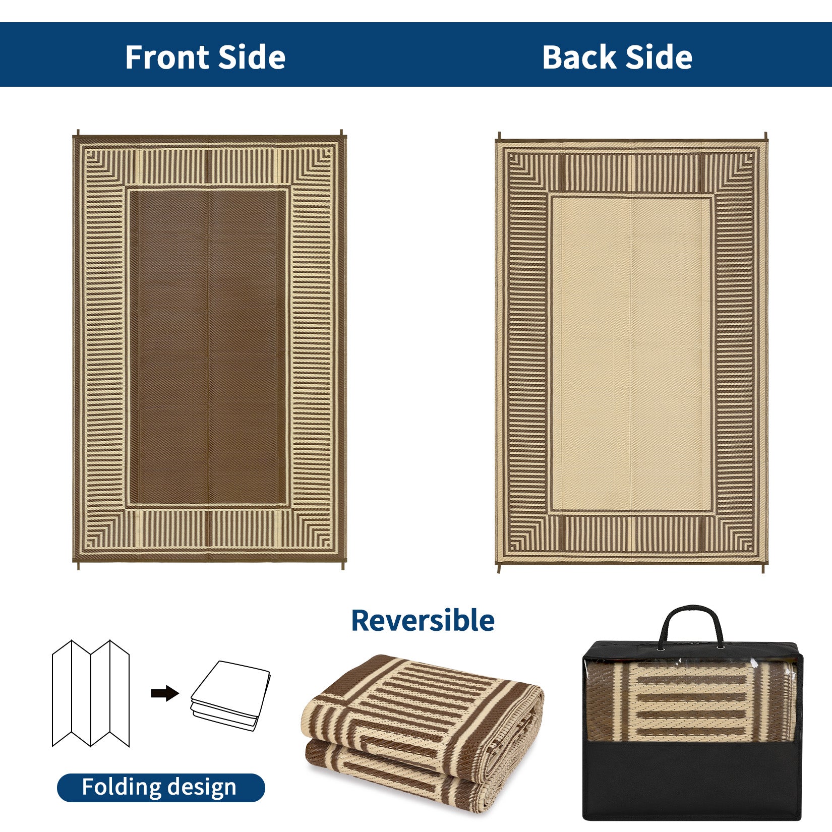Garvee Reversible Outdoor Plastic Straw Rug - Modern Brown Coffee Striped Patio Carpet - Waterproof, Washable, Non-Slip, Collapsible - Ideal for Garden, Deck, RV, Balcony, 9x18ft
