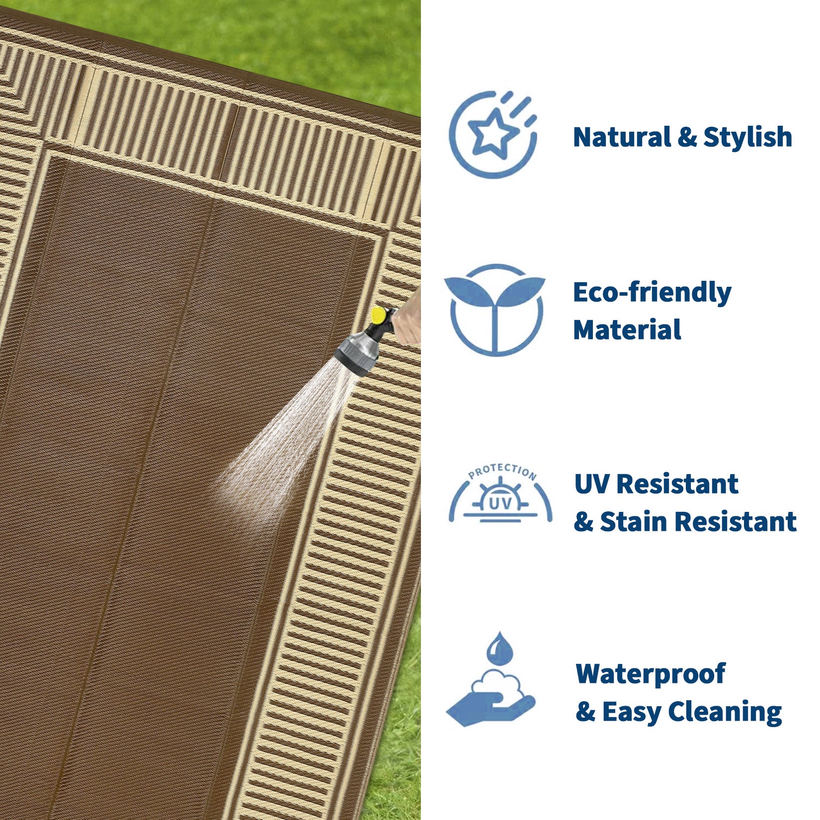 Garvee Weatherproof Outdoor Area Rug – 10x14ft Modern Striped Edge Plastic Mat – Easy Clean, Non-Slip, Sturdy Brown Coffee Carpet – Patio, Garden, Deck, Picnic