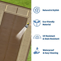 Garvee Weatherproof Outdoor Area Rug – 10x14ft Modern Striped Edge Plastic Mat – Easy Clean, Non-Slip, Sturdy Brown Coffee Carpet – Patio, Garden, Deck, Picnic