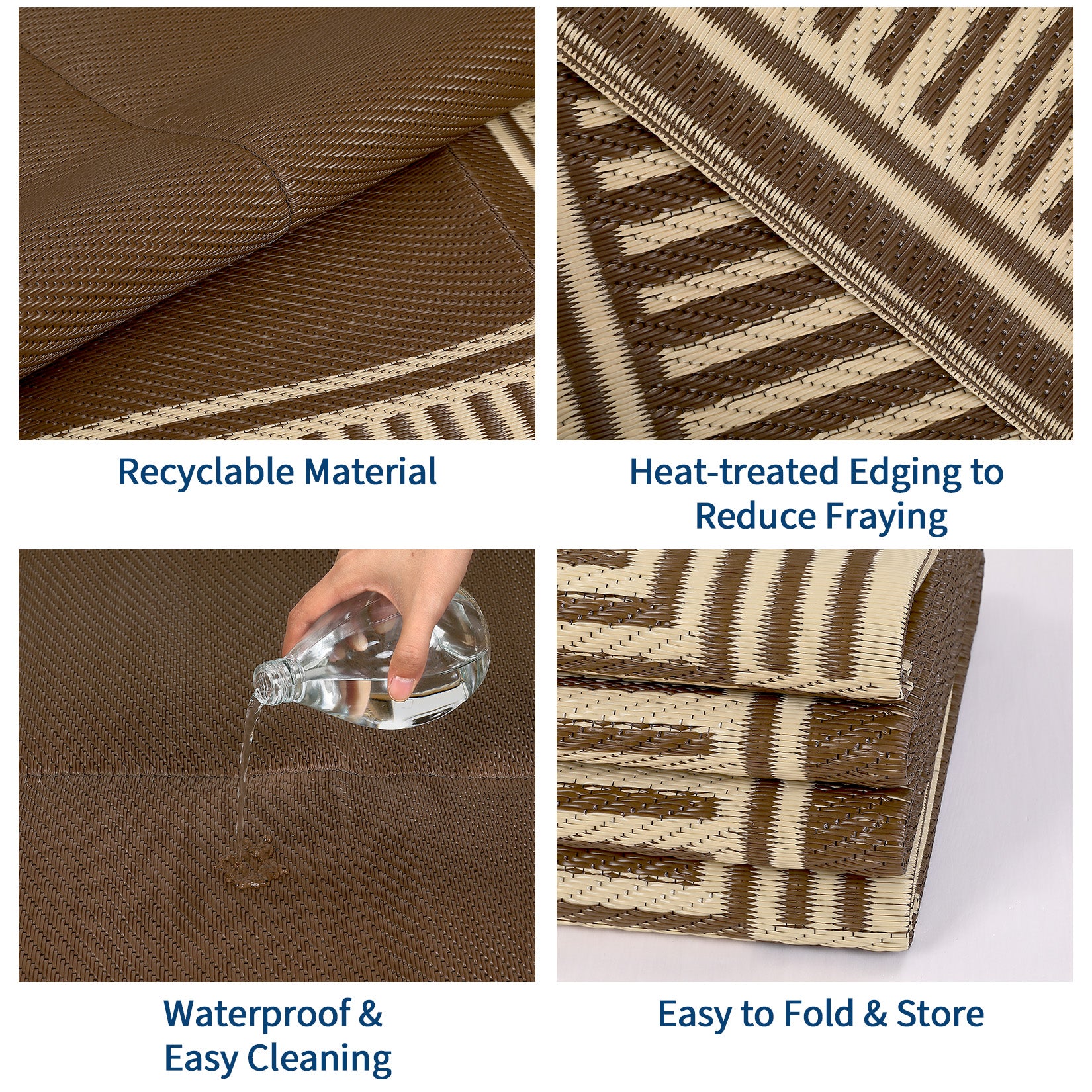 Garvee Weatherproof Outdoor Area Rug – 10x14ft Modern Striped Edge Plastic Mat – Easy Clean, Non-Slip, Sturdy Brown Coffee Carpet – Patio, Garden, Deck, Picnic