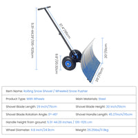 Garvee Snow Shovel with Wheels 29"W X 20" H Steel Adjustable Handle Dual-Wheel Heavy Duty Replaceable Blade Driveway Sidewalk