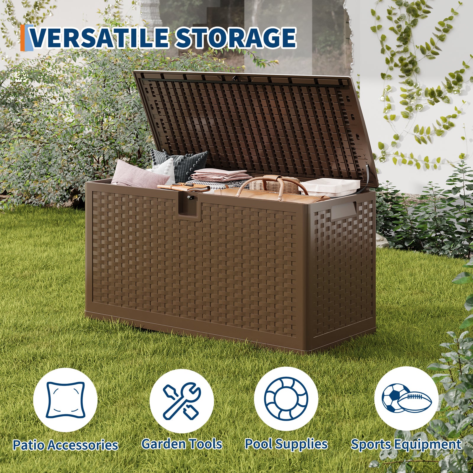 Garvee Outdoor Storage Box, 73 gal Large Waterproof Resin Deck Box Indoor Outdoor Use, Lockable UV Resistant Storage Bin for Patio, Garden, Cushions, Tools, Equipment, Brown