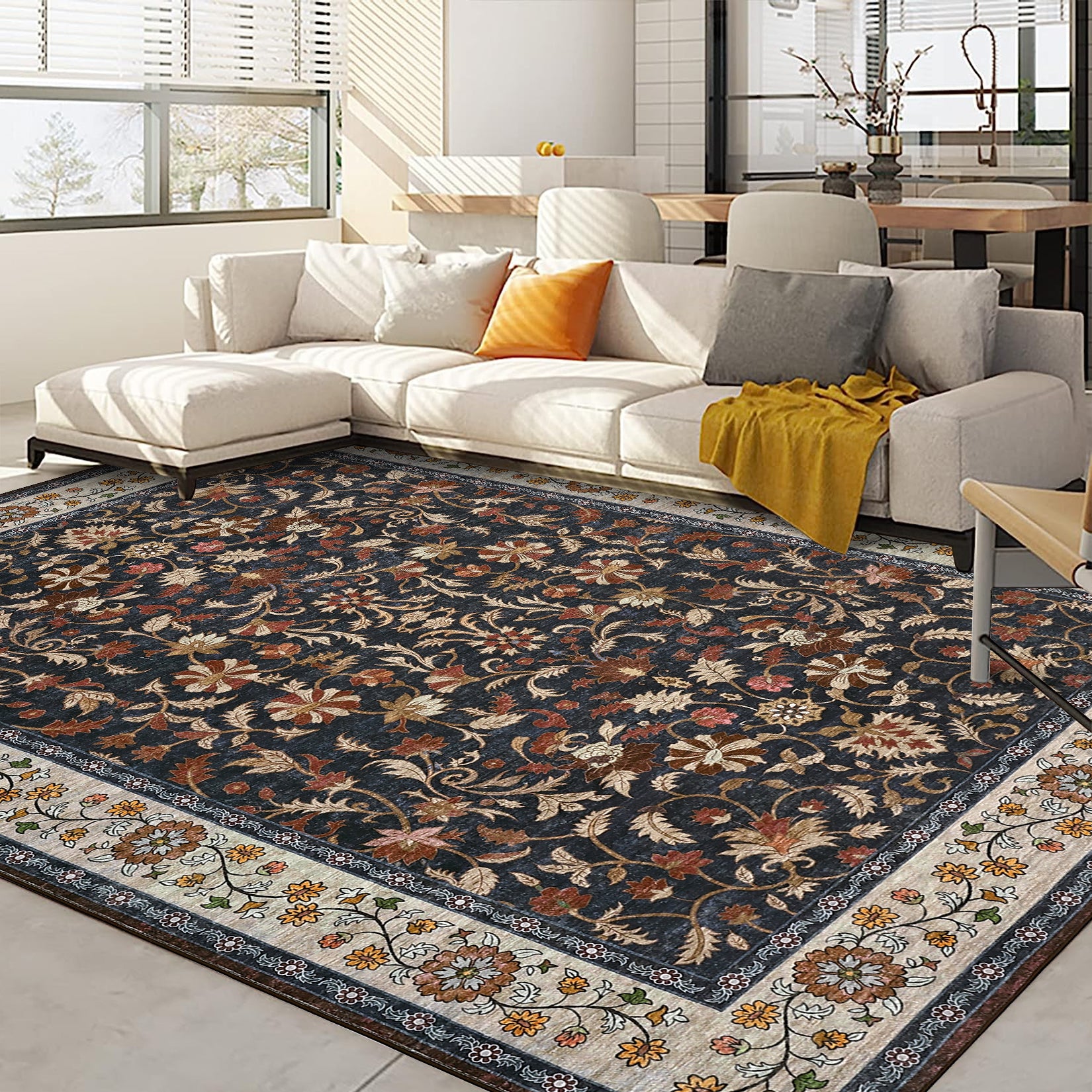 Garvee 9' × 12' Vintage Oriental Medallion Area Rug, Machine Washable Non-Slip Low-Pile Soft Rug for Living Room, Bedroom & Dining Room, Navy