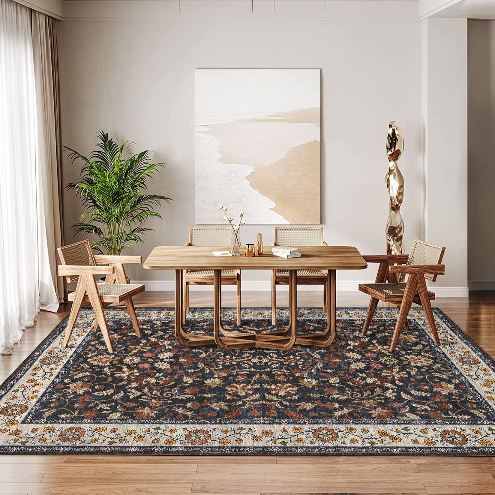Garvee 9' × 12' Vintage Oriental Medallion Area Rug, Machine Washable Non-Slip Low-Pile Soft Rug for Living Room, Bedroom & Dining Room, Navy