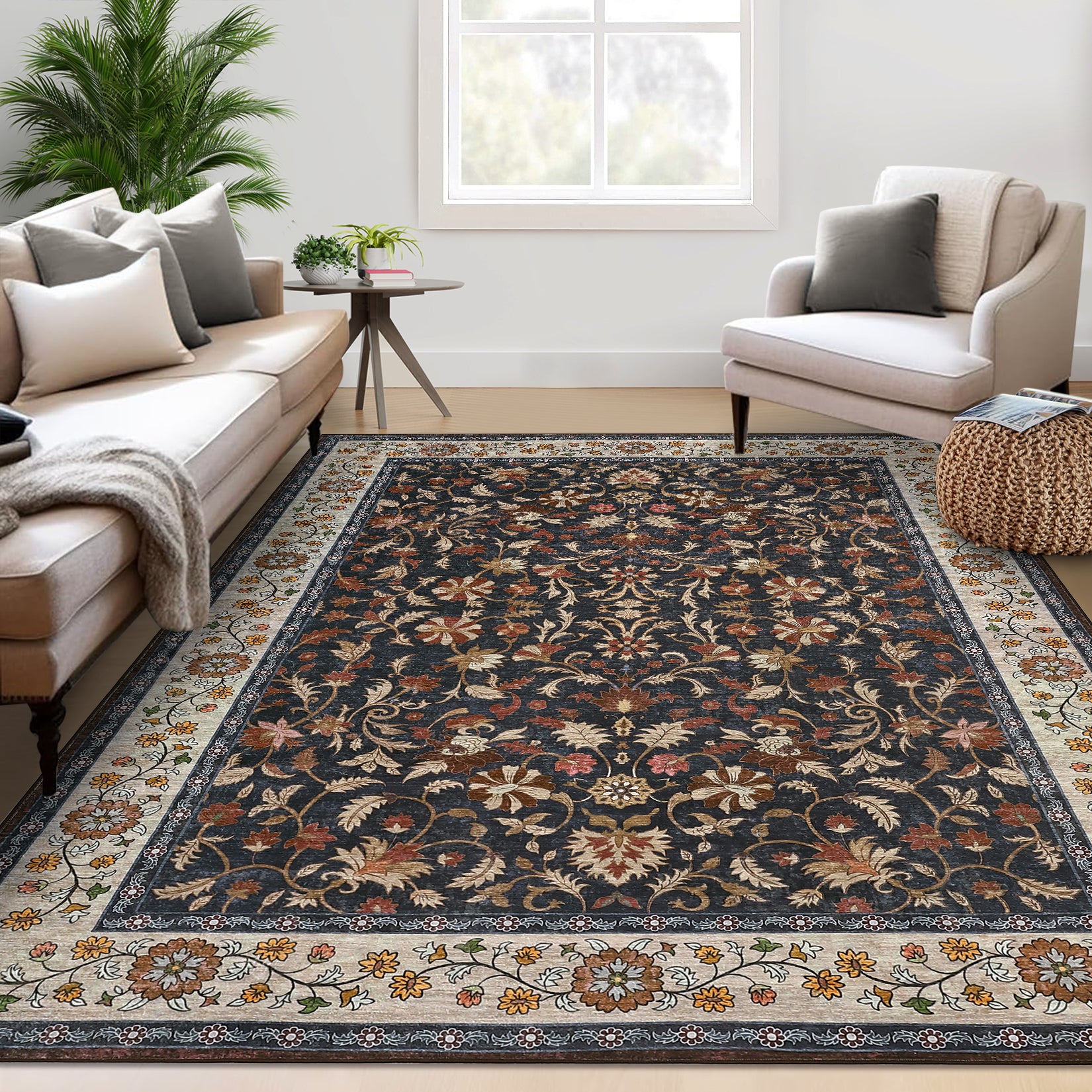 Garvee 9' × 12' Vintage Oriental Medallion Area Rug, Machine Washable Non-Slip Low-Pile Soft Rug for Living Room, Bedroom & Dining Room, Navy