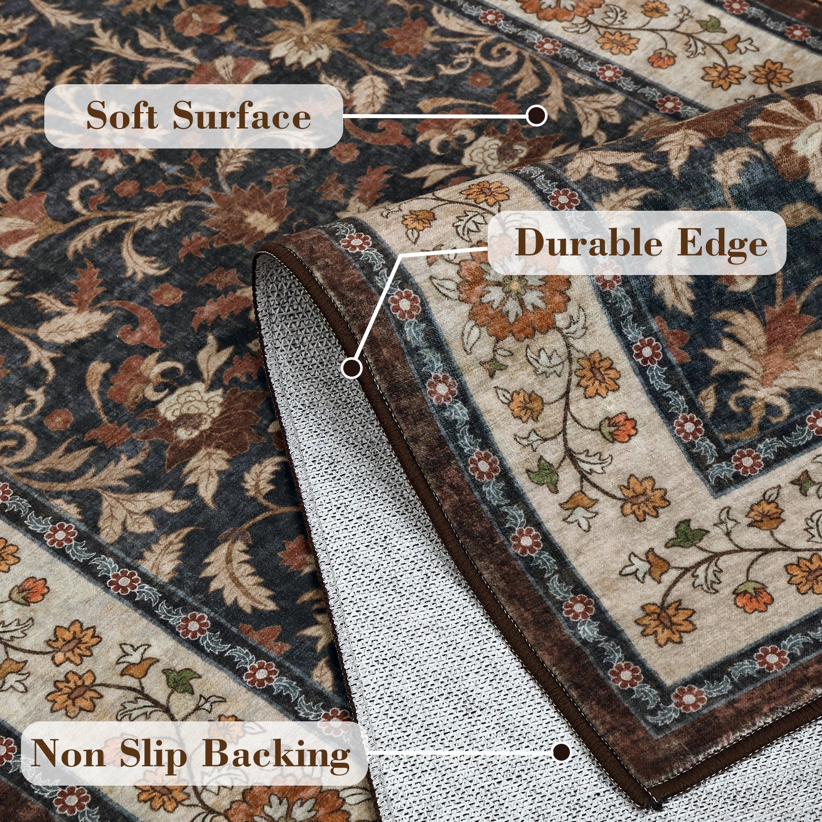 Garvee 9' × 12' Vintage Oriental Medallion Area Rug, Machine Washable Non-Slip Low-Pile Soft Rug for Living Room, Bedroom & Dining Room, Navy