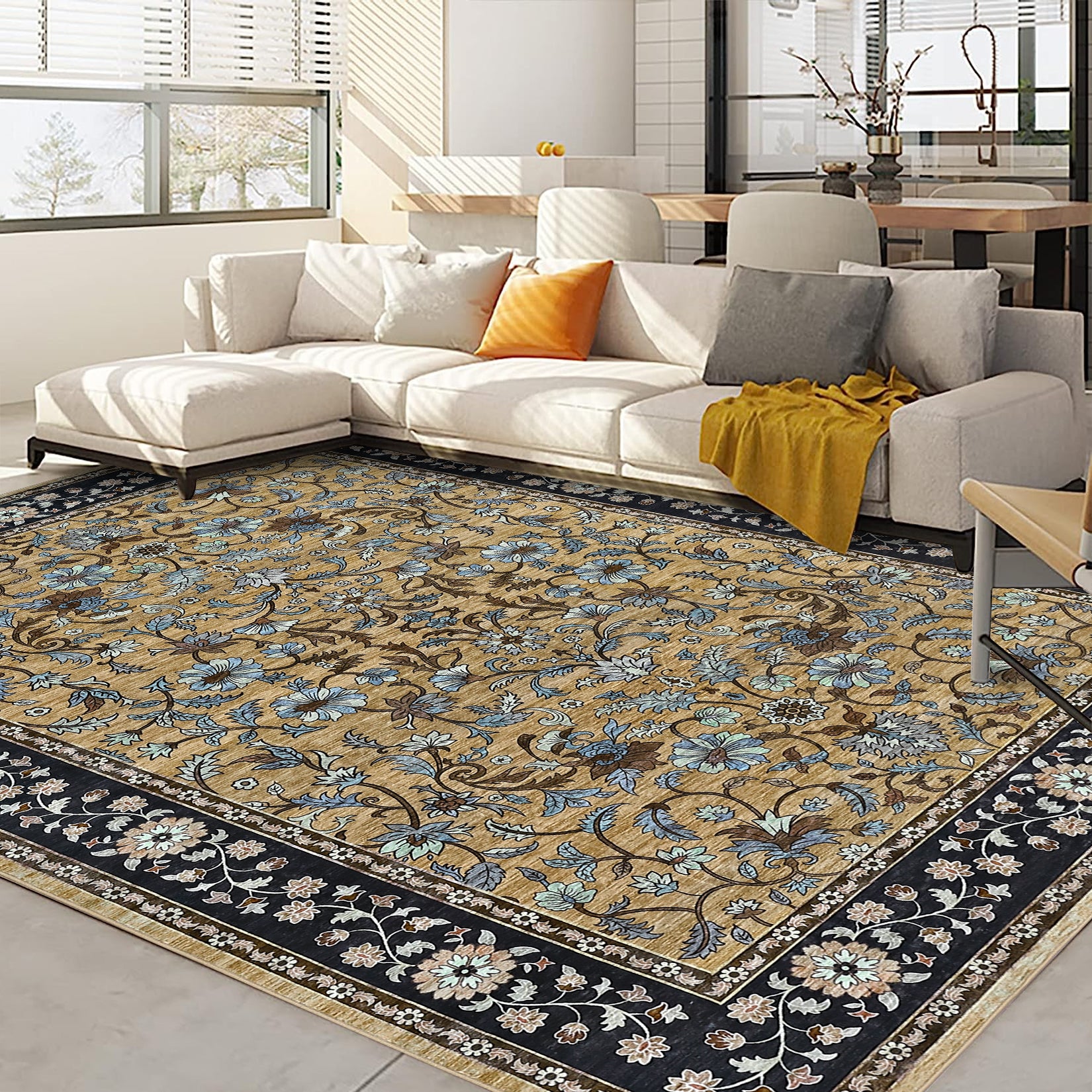 Garvee 10' × 13' Vintage Oriental Medallion Area Rug, Machine Washable Non-Slip Low-Pile Soft Rug for Living Room, Bedroom & Dining Room, Brown