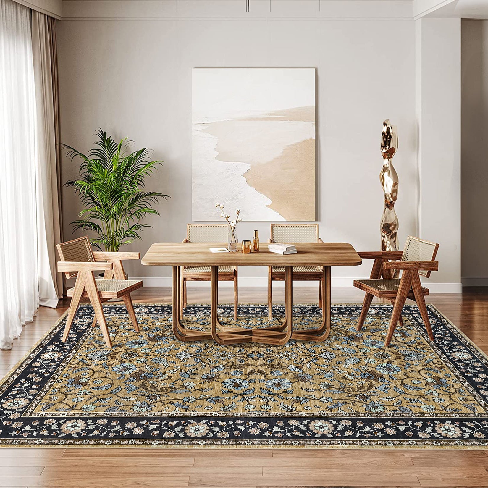 Garvee 10' × 13' Vintage Oriental Medallion Area Rug, Machine Washable Non-Slip Low-Pile Soft Rug for Living Room, Bedroom & Dining Room, Brown