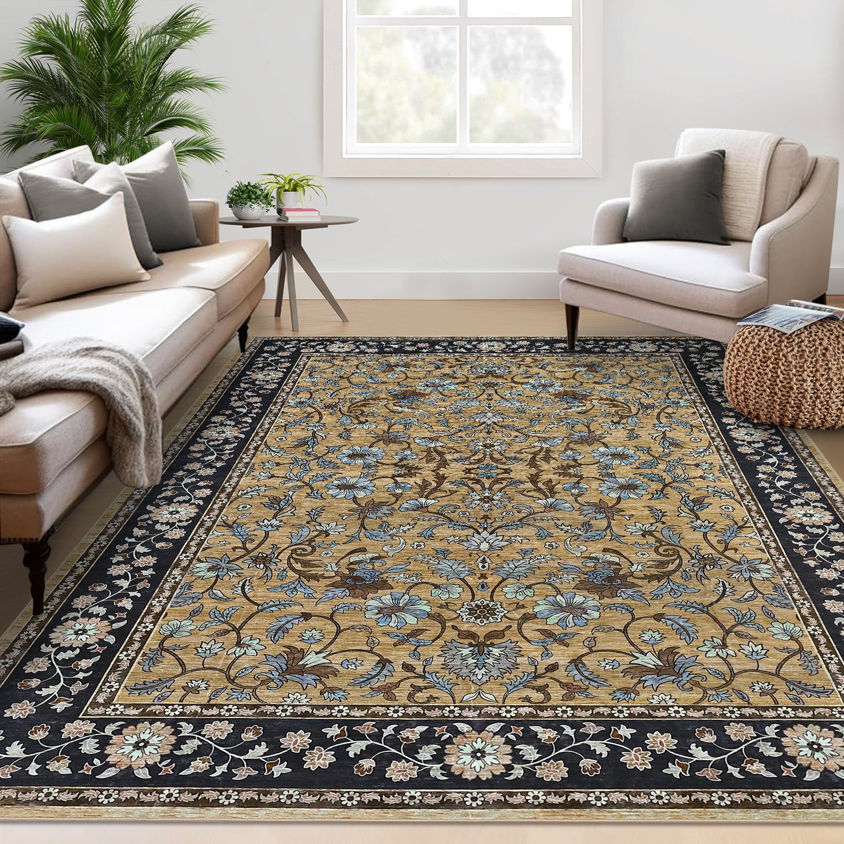 Garvee 10' × 13' Vintage Oriental Medallion Area Rug, Machine Washable Non-Slip Low-Pile Soft Rug for Living Room, Bedroom & Dining Room, Brown