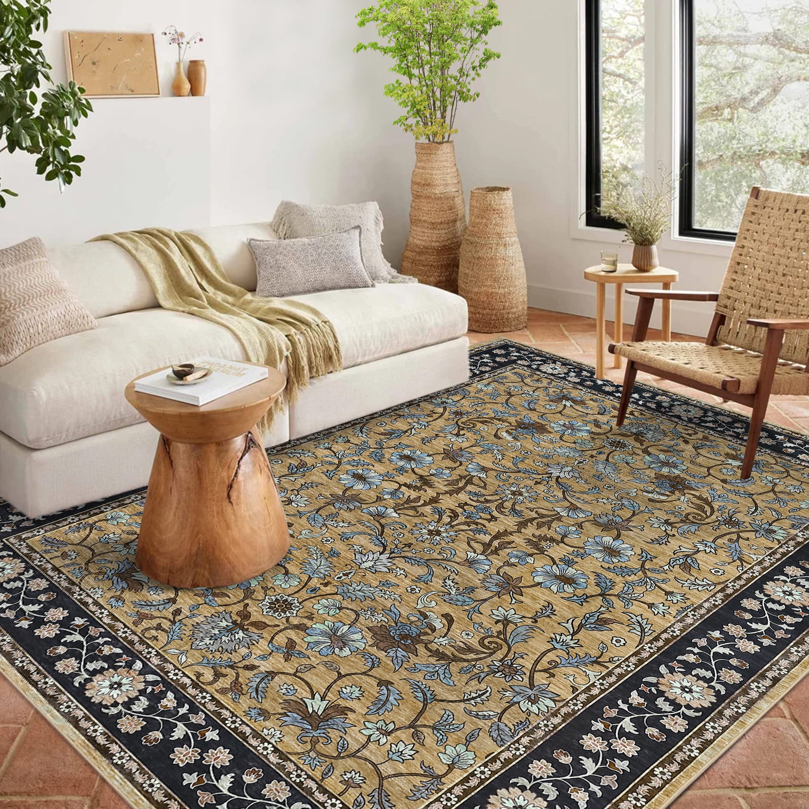 Garvee 10' × 13' Vintage Oriental Medallion Area Rug, Machine Washable Non-Slip Low-Pile Soft Rug for Living Room, Bedroom & Dining Room, Brown