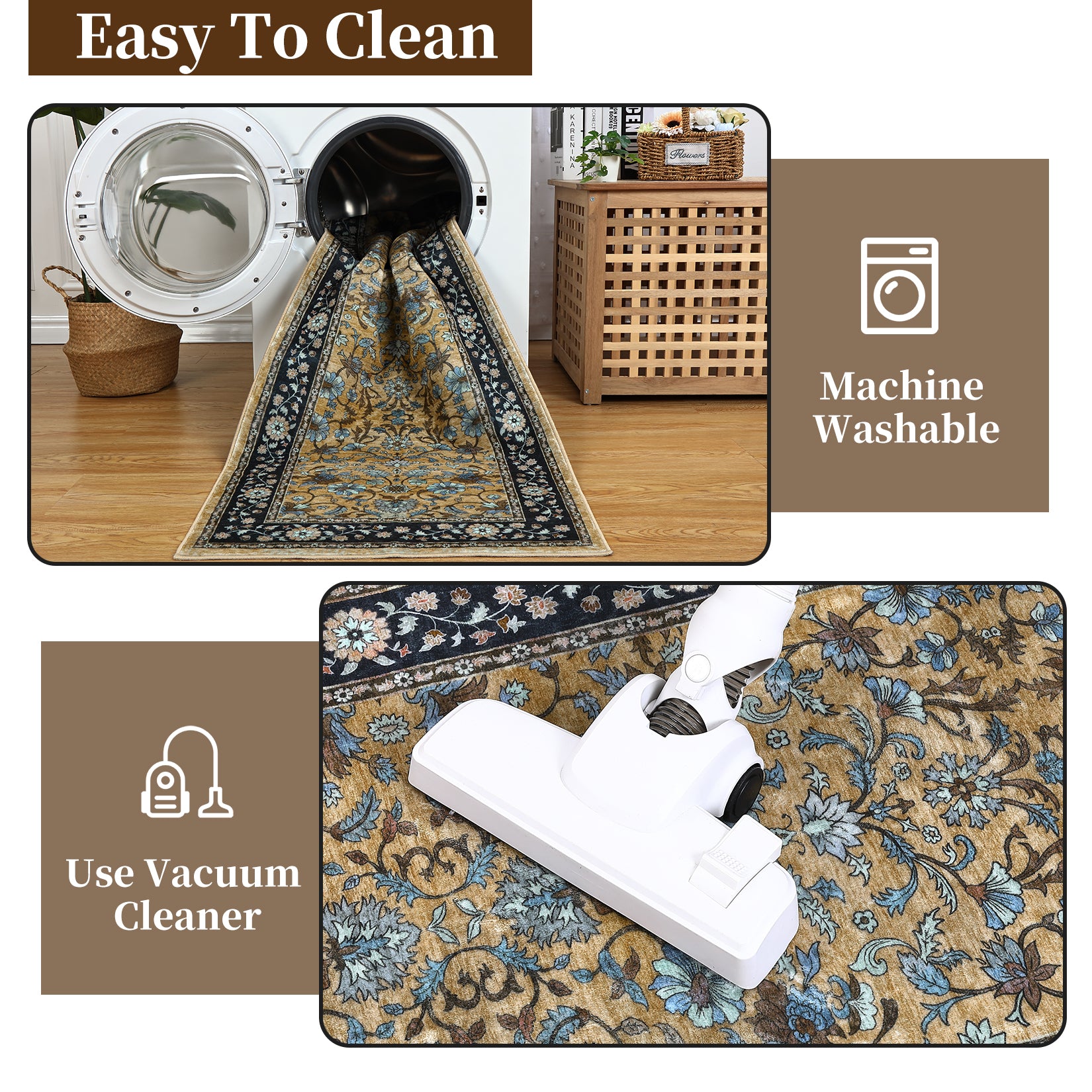 Garvee 10' × 13' Vintage Oriental Medallion Area Rug, Machine Washable Non-Slip Low-Pile Soft Rug for Living Room, Bedroom & Dining Room, Brown