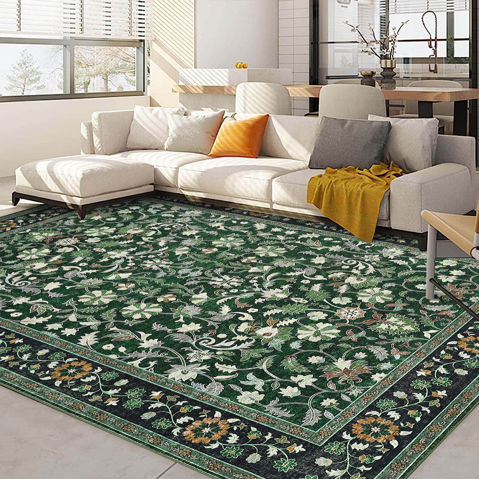 Garvee 9' × 12' Vintage Oriental Medallion Area Rug, Machine Washable Non-Slip Low-Pile Soft Rug for Living Room, Bedroom & Dining Room, Green