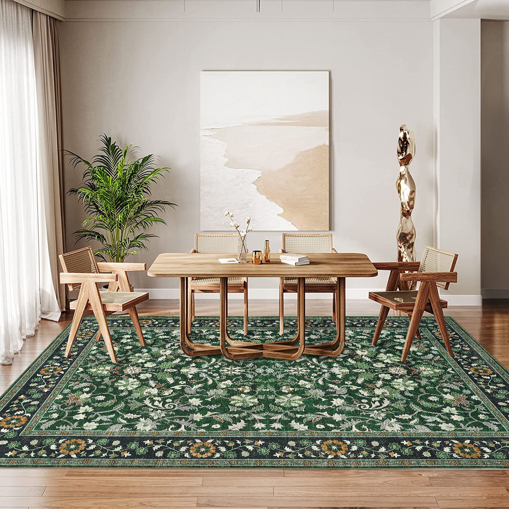 Garvee 9' × 12' Vintage Oriental Medallion Area Rug, Machine Washable Non-Slip Low-Pile Soft Rug for Living Room, Bedroom & Dining Room, Green