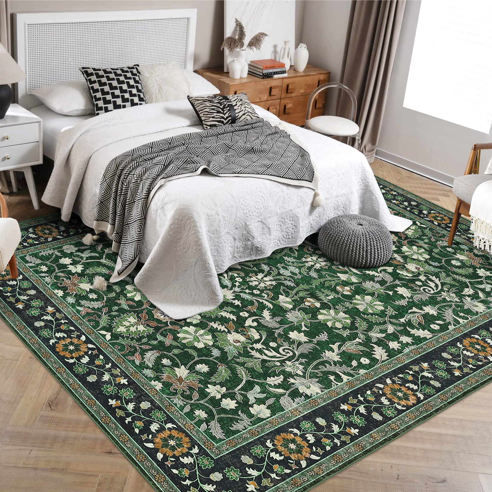 Garvee 9' × 12' Vintage Oriental Medallion Area Rug, Machine Washable Non-Slip Low-Pile Soft Rug for Living Room, Bedroom & Dining Room, Green